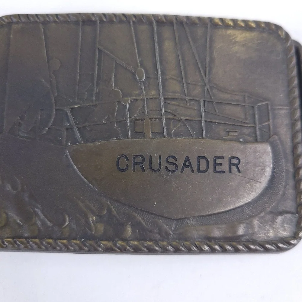 Vintage Crusader Great Lakes Fishing Vessel Bronze Belt Buckle 3x2 inches 1980s